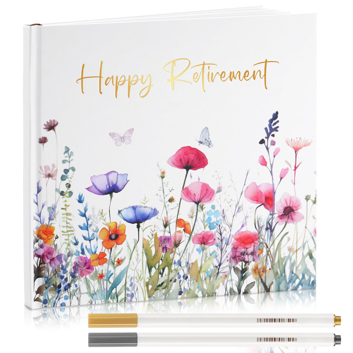 Resholder 2026 Retirement Guest Book with 2 Markers 8.7'' Square Hardcover Blank Guest Photo Signing Memory Book Happy Retirement Gift Party Supplies for Women Men Teacher Grad Decor (White,Floral)