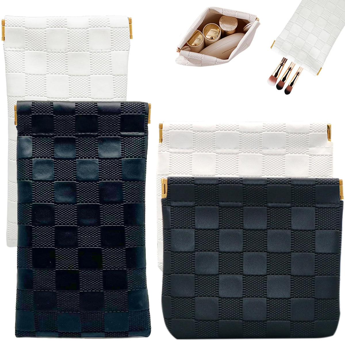 4PCS Small Makeup Bag for Purse, Mini Leather Pocket Cosmetic Bag for Women, Waterproof Portable Makeup Pouch No Zipper Coin Purse Lipstick Bag Accessories, Checkered Travel Storage Bag(White, Black)