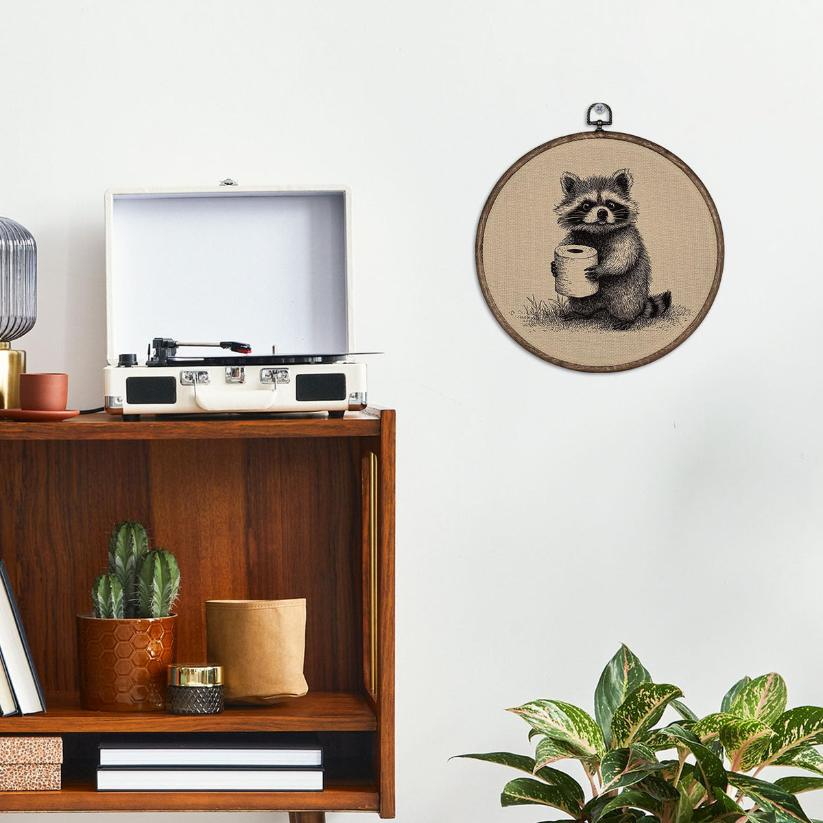 YH547-YGH01 Giosve Funny Raccoon Bathroom Round Wall Art Canvas Framed Poster, Rustic Neutral Sketch Raccoon Holding Toilet Paper Hanging Wall Sculptures for Washroom Bathroom Restroom Decor, 10x10 Inch