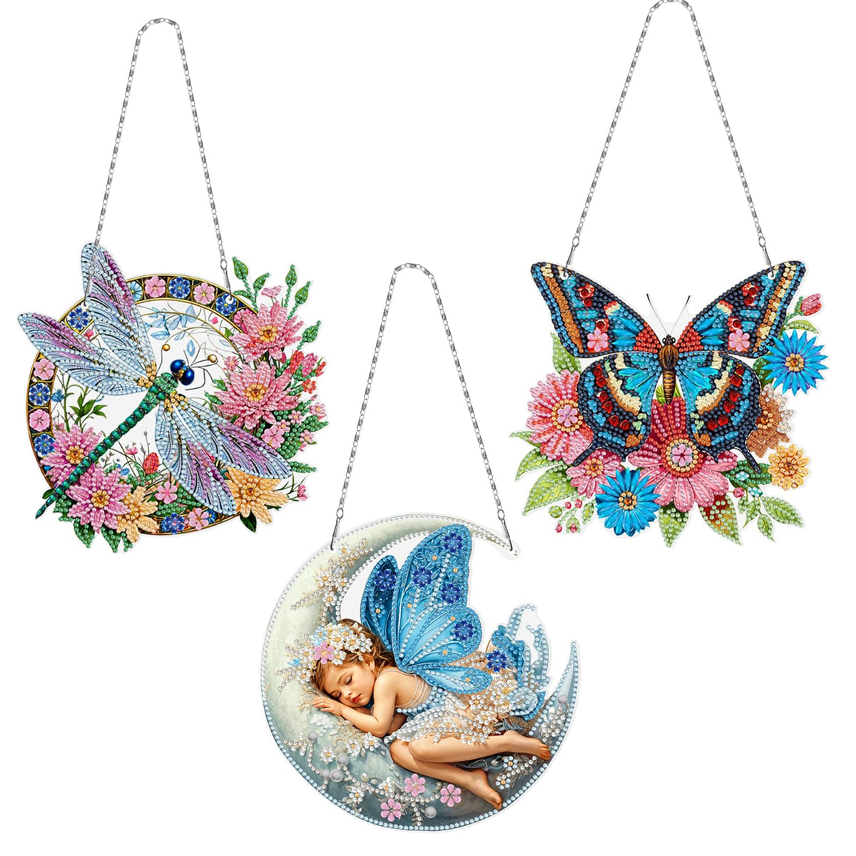 MaiYiYi 3 PCS Hanging Diamond Art Pendant Painting Kit Butterfly Fairy Special Crystal Gem Craft Painting Set Butterfly Diamond Painting Ornaments for Adult Home Wall Window Decor (13.18X7.67 in)
