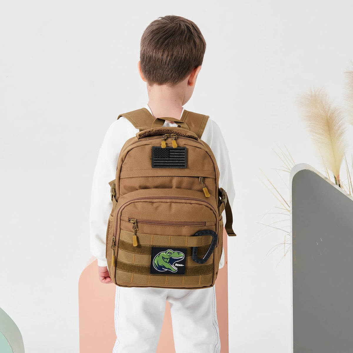 SunForMorning Kids Tactical Backpack Army Molle Bookbag Military Boys Backpack for School, Outdoor, Camping (Includes 2 Patches +1 Carabiner), Brown