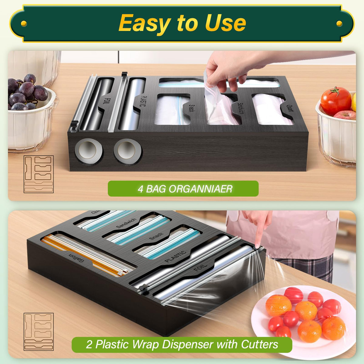 KOCWELL Bag Organizer & Plastic Wrap Dispenser with Cutter, 6 In 1 Bamboo Foil & Plastic Wrap Organizer for Kitchen, Food Storage Bag Organizer