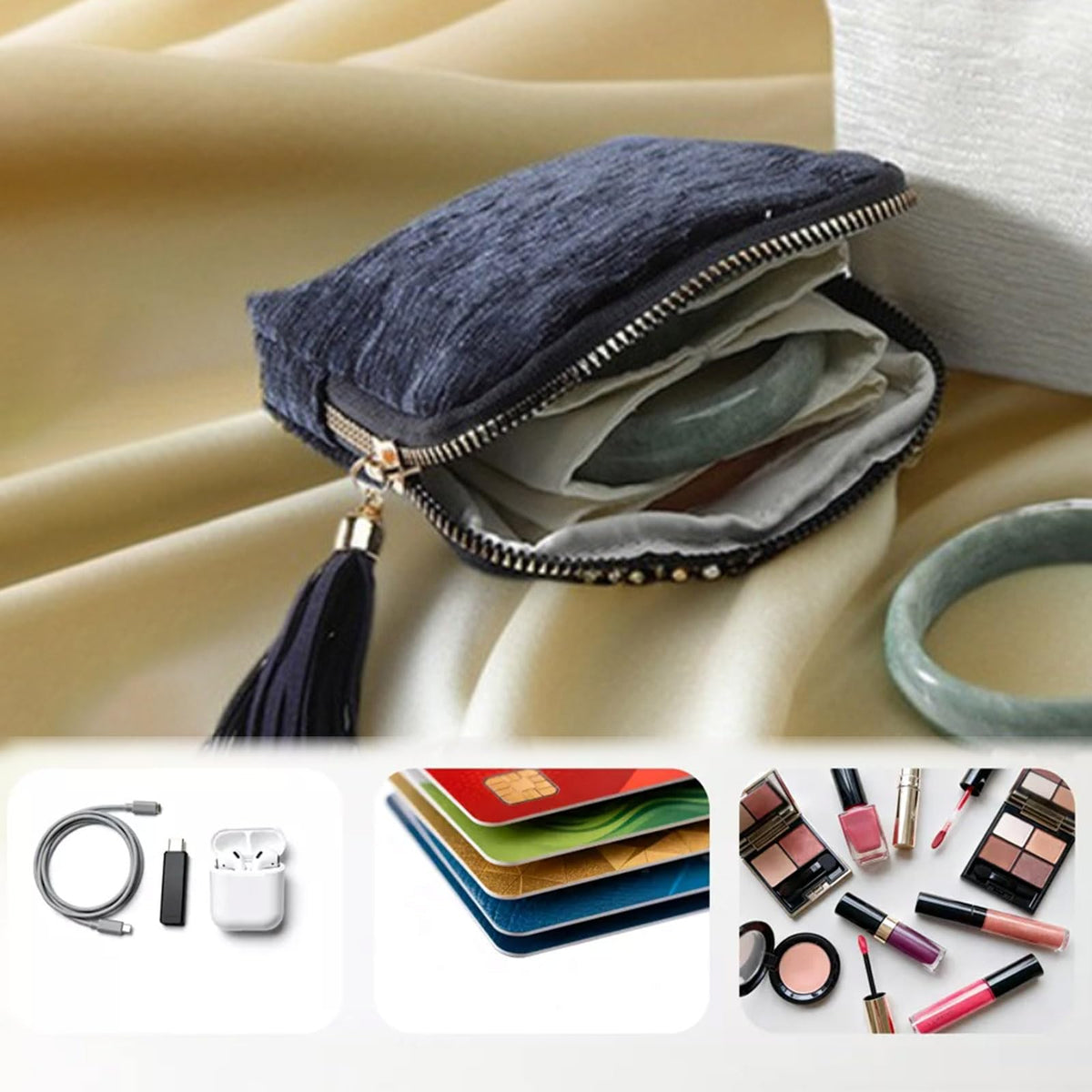 Iosjeude Small Travel Jewelry Case Organizer for Women Portable Jewelry Box with Small Pouches for Gemstones Healing Crystal Bracelets, Necklace Bangles Storage, Gift Ring Holder, Blue Tassel