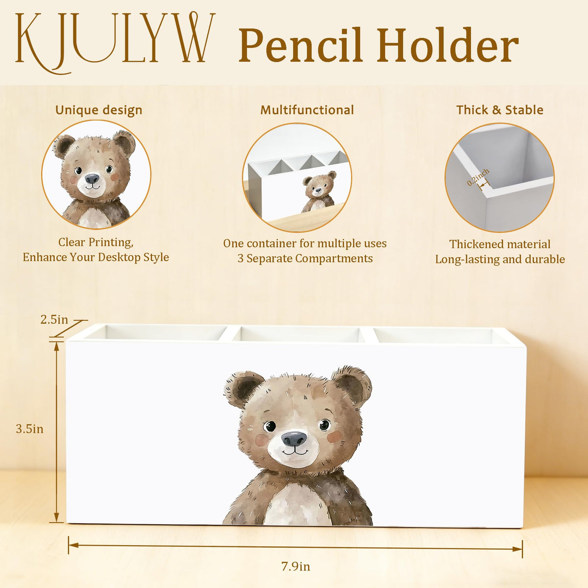 KJULYW Brown Bear Pen Holder for Desk, Bear Lover Gifts, Cute Forest Animal Wooden Box Pencil Pen Holder Organizer for Kids Room Home Office Desk Accessories