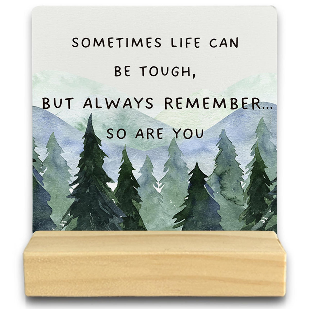 QASHWEY Inspirational Desk Decor, Motivational Desk Decor Forest Tree Wood Table Signs, Inspirational Gifts for Men Women, Sometimes Life Can be Tough Wooden Plaque with Wooden Stand for Home Office