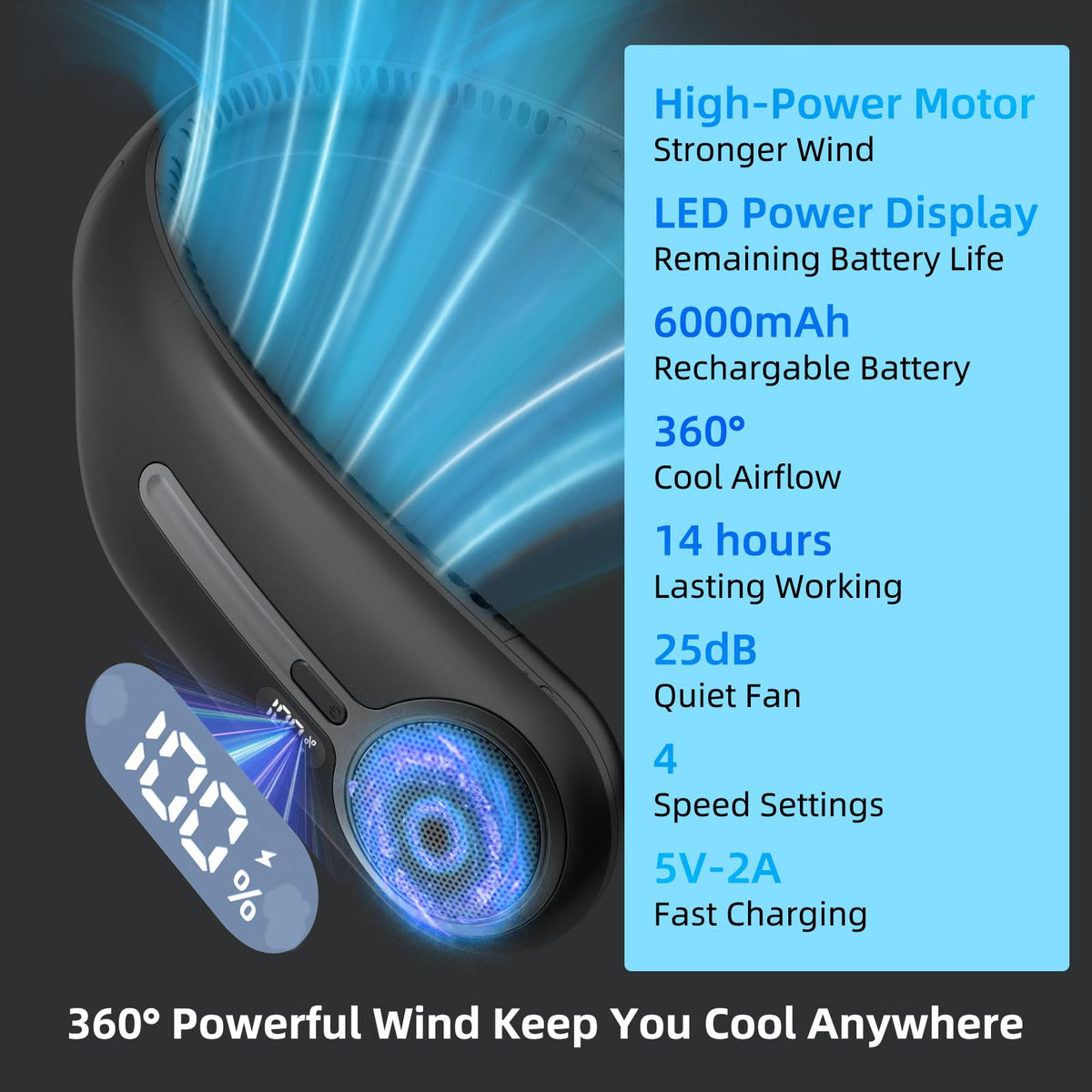 Portable Neck Fan,Hands Free Personal Wearable Bladeless Fan,6000mAh USB Rechargeable,360° Cooling,LED Display,4-Speeds,Birthday Gifts for Men Women Dad Mom,Fathers Day,Mothers Day Gifts (Black)