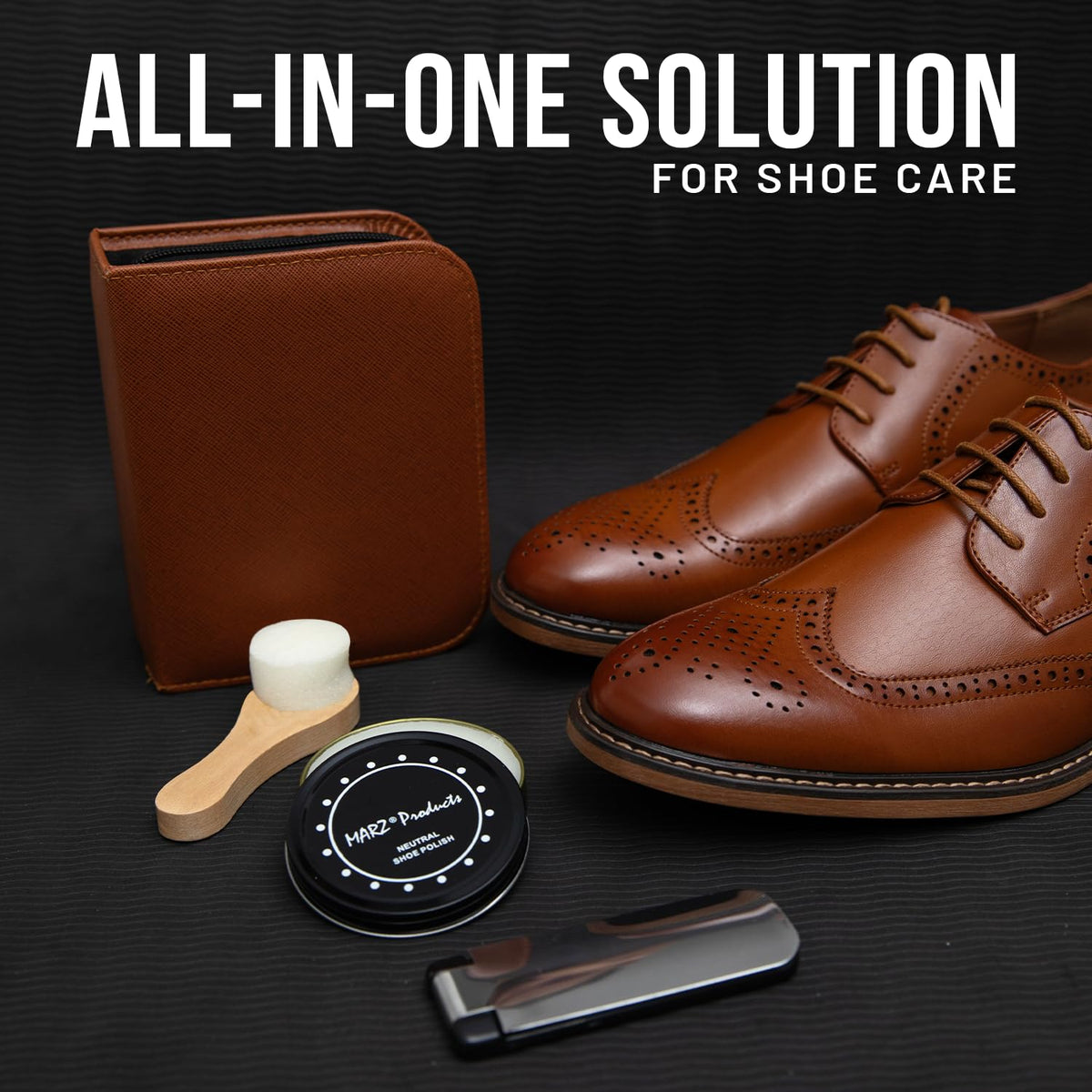 Deluxe Shoe Polish Kit - Portable 7pc Shoe Shine Kit with Genuine Horsehair Brush, Black Shoe Polish, and Clear Shoe Polish - Suede Shoe Cleaning Kit for Sneakers, Leather Shoes, and Boots