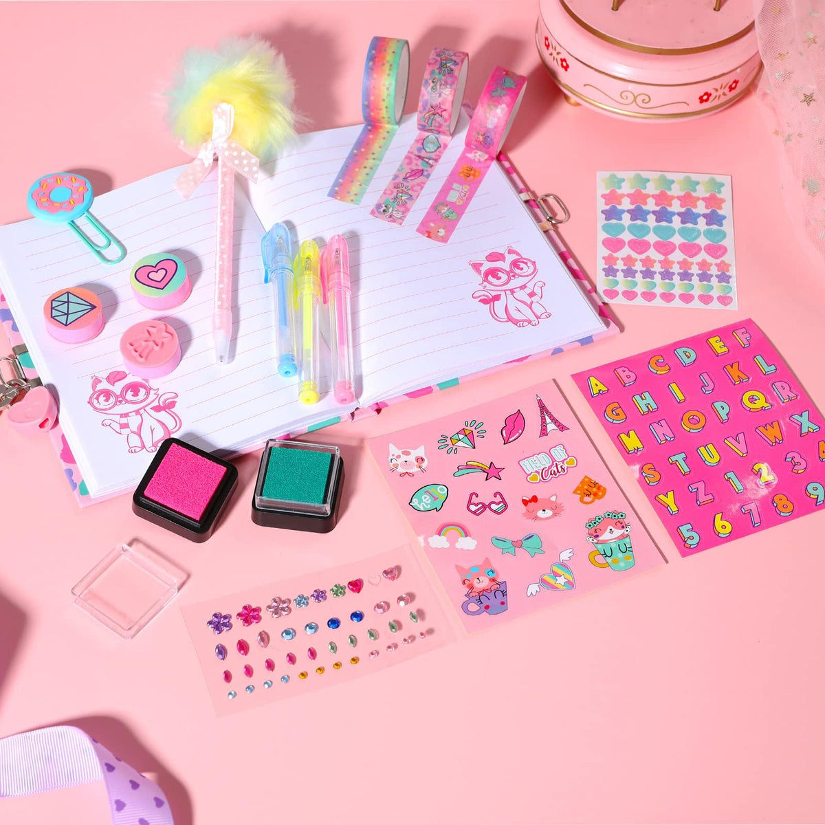YOYTOO Cat Diary for Girls with Lock, Cat Stationery Set with Secret Diary, Stamps, Pens, Journal Notebook Birthday Gifts for Little Girls Age 5 6 7 8 9 10