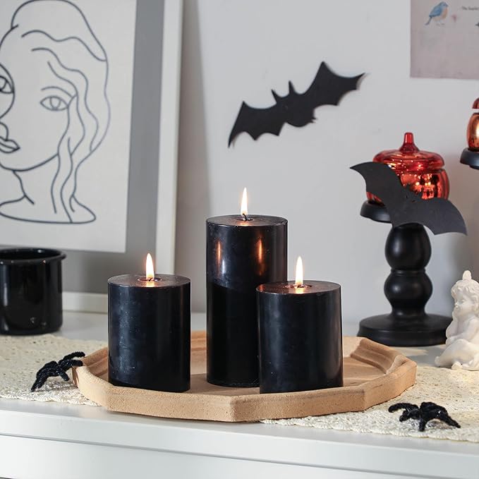 3x6 Inch Black Pillar Candles Set of 3 - Decorative Unscented Pillar Candle, Long Burning Dripless Candle for Home Table Decor, Smokeless Large Pillar Candles for Wedding, Dinner, Halloween Decor