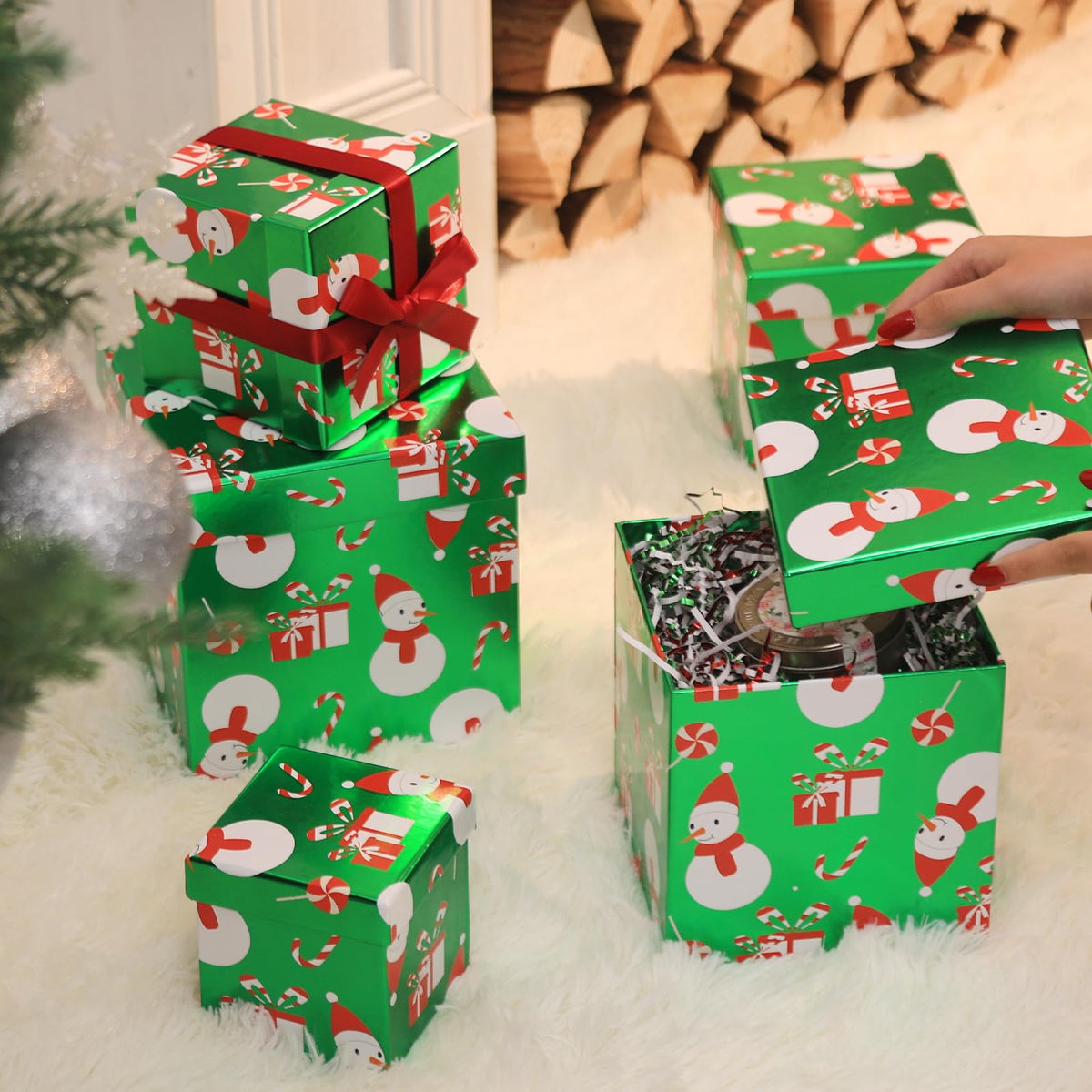 PAPER FAIR 5PCS Christmas Snowman Nesting Gift Boxes Set, Green Foil Mirror Candy Cane Lollipop Square Cardboard Nested Box w/Lid, for Gift Wrapping Holiday Present Birthday, Assorted Size