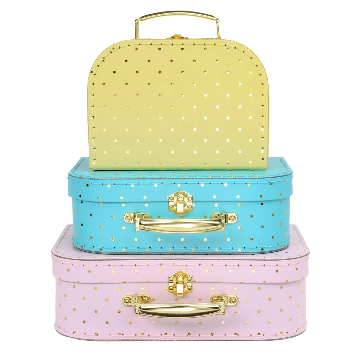 Jewelkeeper Decorative Storage Boxes Set of 3 - World Map Mini Suitcase Style Cardboard Suitcase with Brass Clasps and Handle - Ideal for Travel Decor, Event Props and Gift Presentation