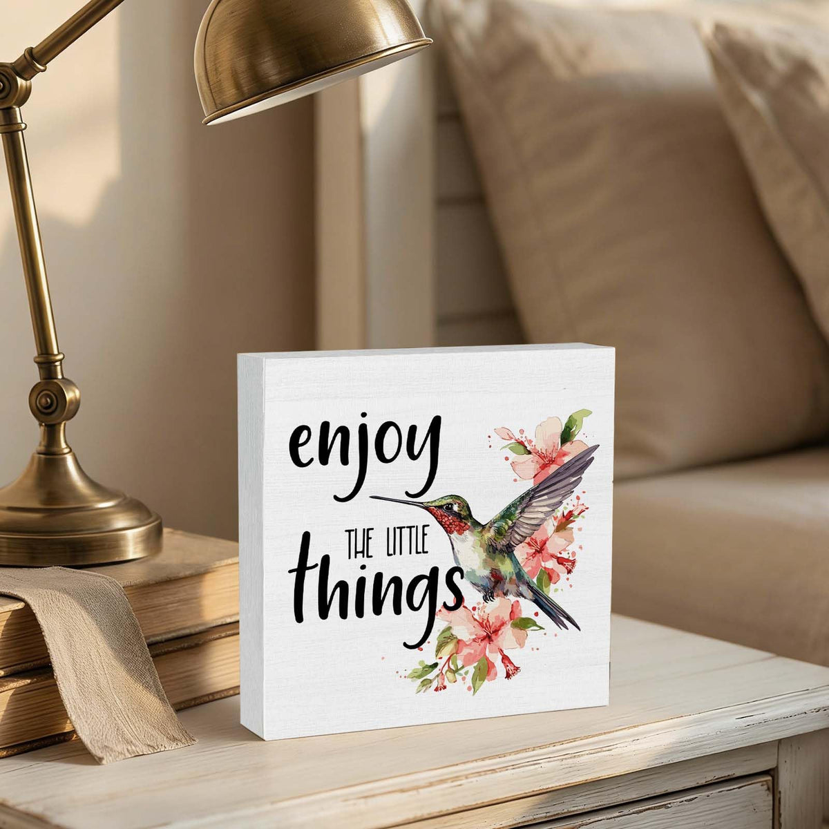 GWOKPAAI Hummingbird Inspirational Wooden Box Signs Desk Decor, Hummingbirds Gifts for Women,Enjoy the Little Things Motivational Wooden Signs Desk Decorations for Home Bedroom Tabletop Shelf,5x5in