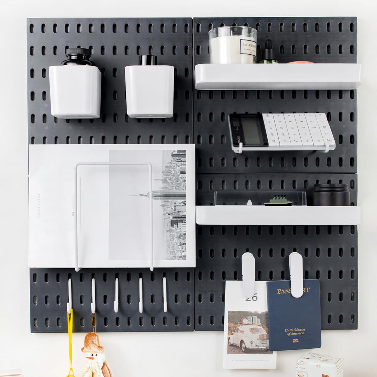 RIVTUN Pegboard Combination Kit for Wall Organizer, Wall Mounted Peg Board Kits for Kitchen, Bedroom, Office, &Bathroom, 4 Pieces Black Pegboards and 14 Accessories, 22" x 22"