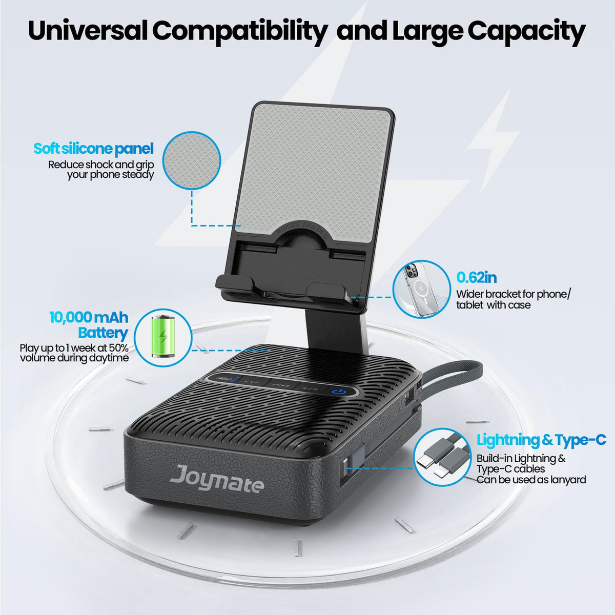 Joymate Gifts for Men Women, Charging Phone Stand with Bluetooth Speaker Valentines Day Gifts for Him Adjustable Cell Phone Holder for Desk with HD Stereo Sound Fits Phones,Tablet (Black)