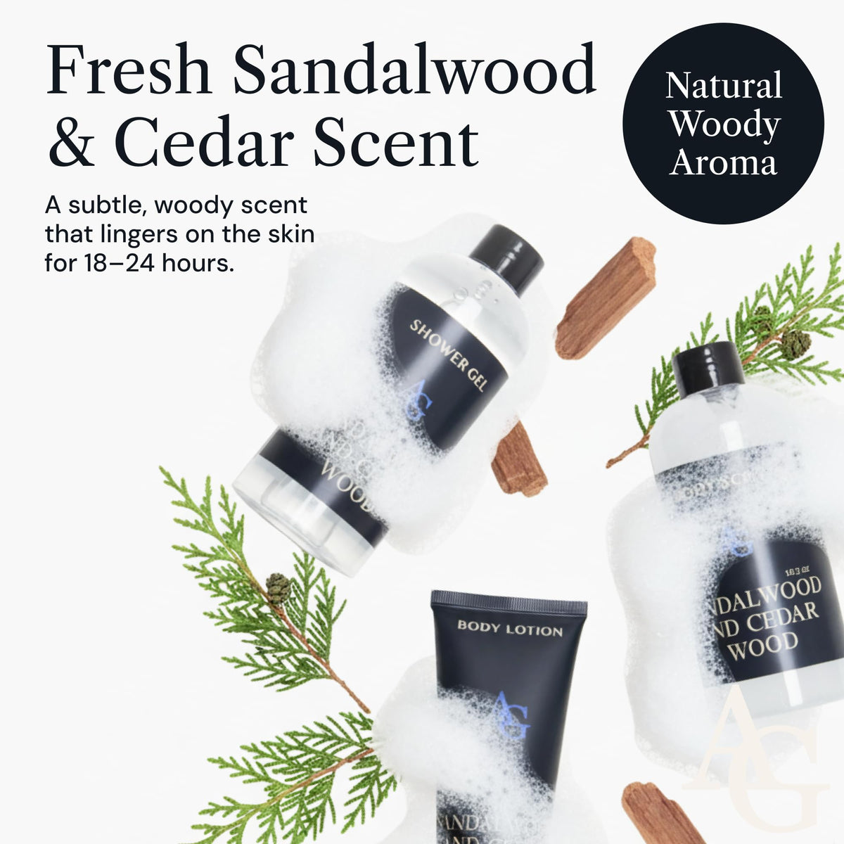 Adelegourdain Shower Kit Men, Bath and Body Gift Set For Him - Shower Gel, Body Scrub & Body Cream, Sandalwood & Cedar Scent, 3 pcs 720ml - Skin Care Kit Fathers Day Birthday Idea for Him