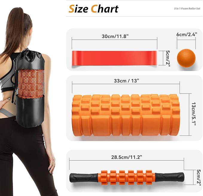 5 in 1 Foam Roller Set for Deep Tissue Muscle Massage, Trigger Point Fitness Exercise Foam Roller, Massage Roller, Massage Ball, Stretching Strap, for Whole Body (Orange-New)