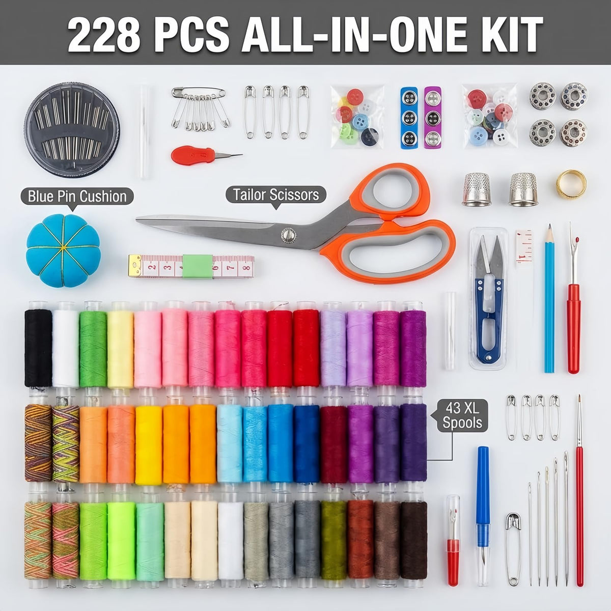 Forypretty Sewing Kit for Adults, 228 PCS Needle and Thread Kit with Tailor Scissors and Accessories, 43 XL Thread Spools, Travel Sewing Kit for Beginners, Oxford Cloth, Gift for Mom Grandma