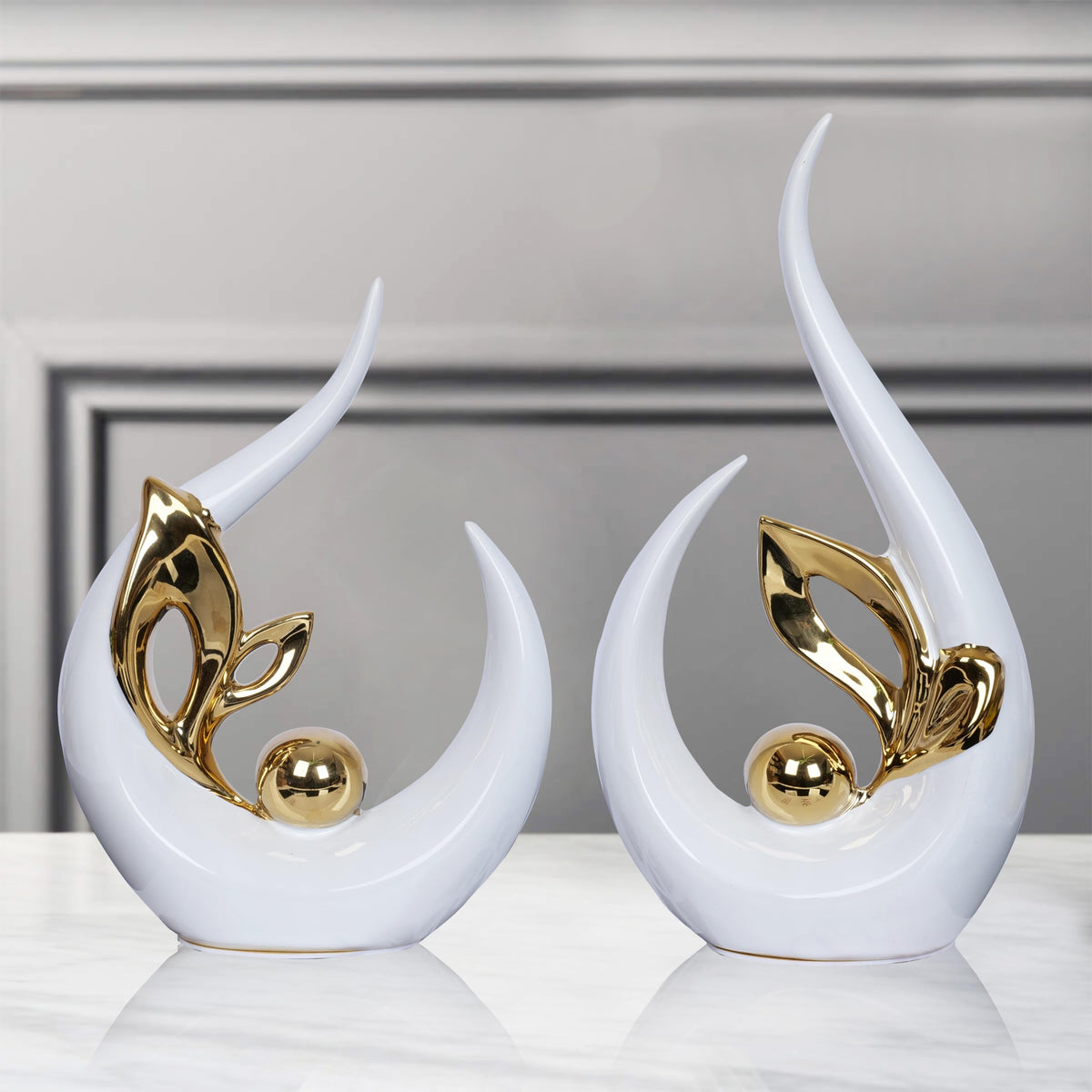 2 PCS White Gold Home Decor Accent Ceramic Statue Abstract Sculptures Centerpieces Mid Century Modern Decor for Tables Coffee Table top Decorations for Living Room Desktop Shelf Dining Room Kitchen