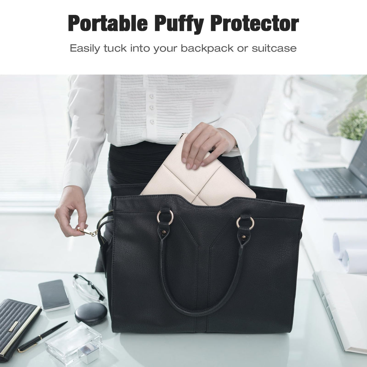 MoKo 9-11 Inch Puffy Tablet Sleeve Bag Fit with New 11-inch iPad Pro M4/iPad Air M2, iPad 10th Gen 10.9, iPad Pro 11, iPad Air 4/5th Gen 10.9, Built-in Elastic Band, PU Leather Carrying Case, White