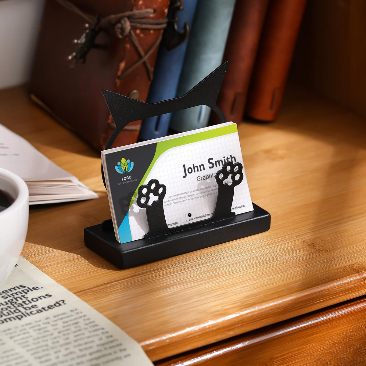 MorningRo 2 Pcs Cute Business Card Holder Cat Paw Print Metal Black Card Holder Cat Desk Accessories Organizer Display Stand for Women Office Supplies Coffee Shop Ideal Gift