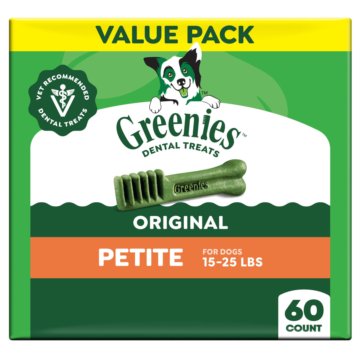 Greenies Veterinarian-Recommended Adult Natural Dental Dog Treats Petite Size, Dog Dental Chews, Original Flavor, 36 oz. Pack, 60 Count
