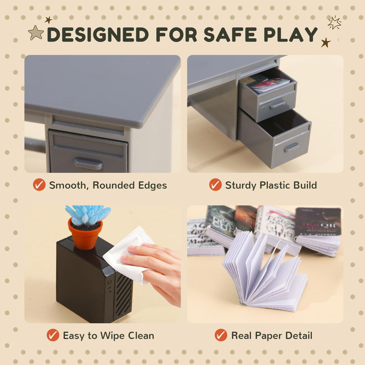 1:12 Scale Mini Desk Set with 100 Mini Books & 2 Bookshelves — Miniature Dollhouse Furniture Set with Office Chair, Computer & 15+ Accessories — Mini Desk Accessories for Doll House Diorama