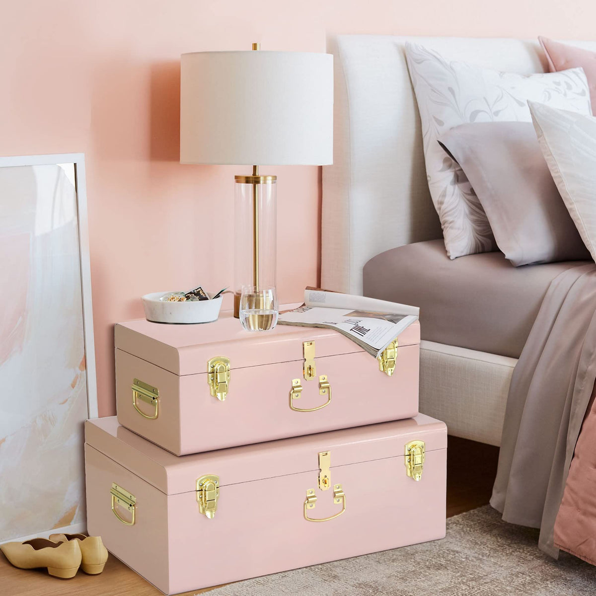 Vixdonos Decorative Metal Box Storage Trunks Set of 2 College Dorm Chest with Handle (Pink)