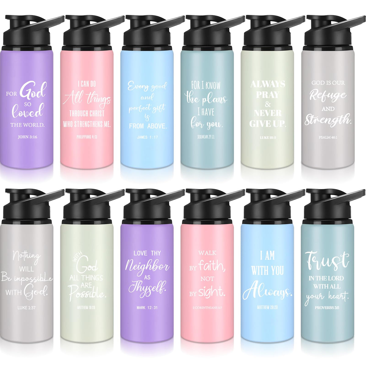 Reallnaive 12 Pieces Christian Religious Aluminum Water Bottles Bulk Snap Lids 20oz Morandi Colors Outdoor Leakproof Reusable Water Bottles for Travel Camping Hiking Fishing
