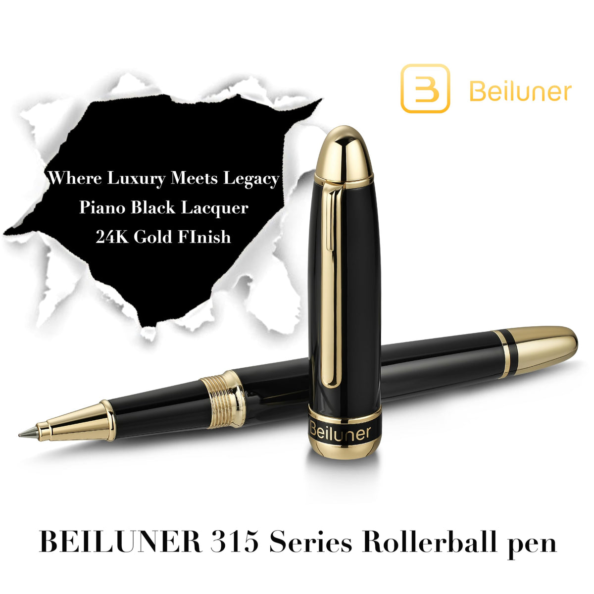 BEILUNER 315 Luxury Rollerball Pen, with 24K Gold Finish, Black Piano Lacquer, Luxury Grade Craftsmanship, Best Pen Gift Set for Men and Women, Professional, Executive, Office, Fancy, Nice Pens
