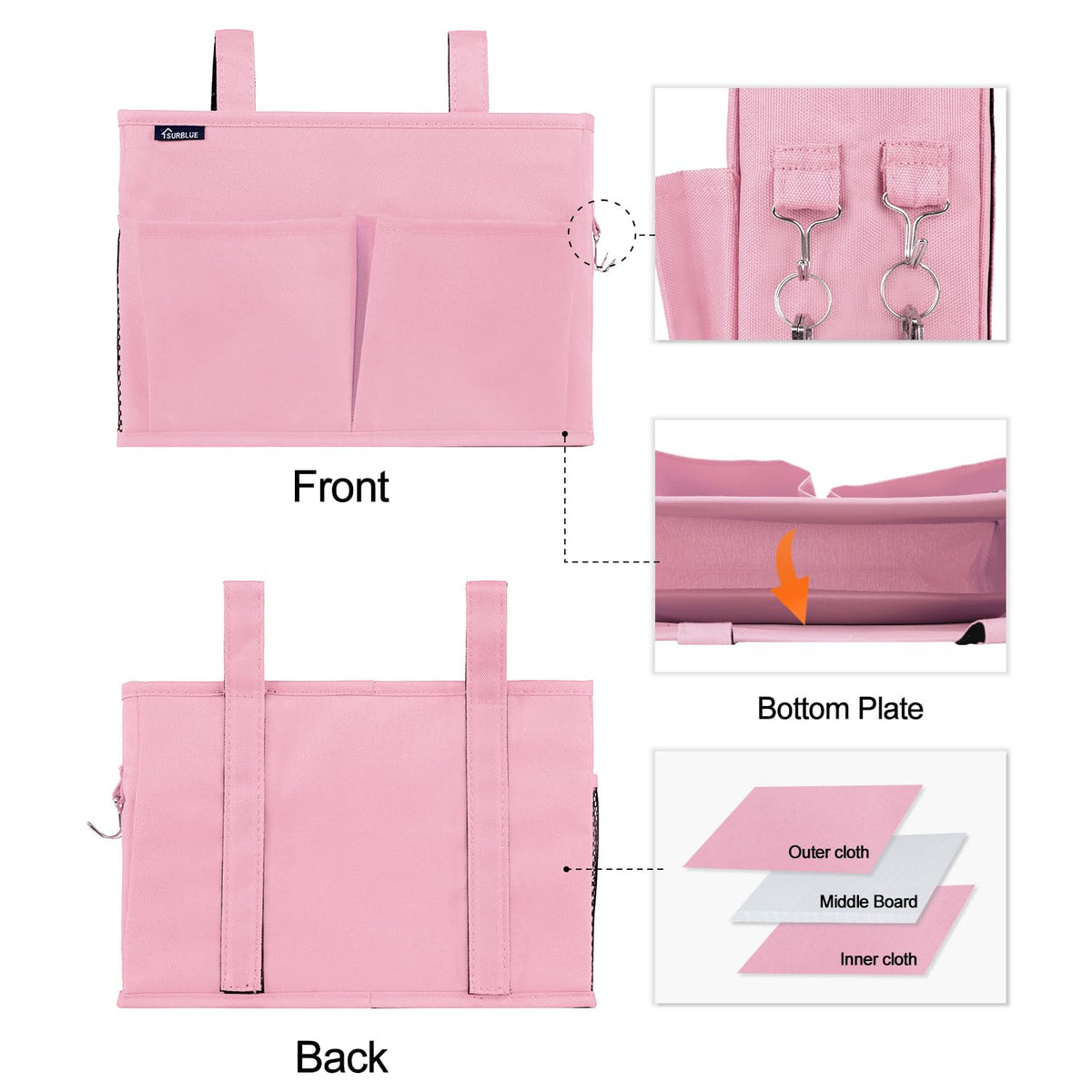 Surblue Caddy Hanging Organizer Bedside Storage Bag for Bunk and Hospital Beds, Pink, Small
