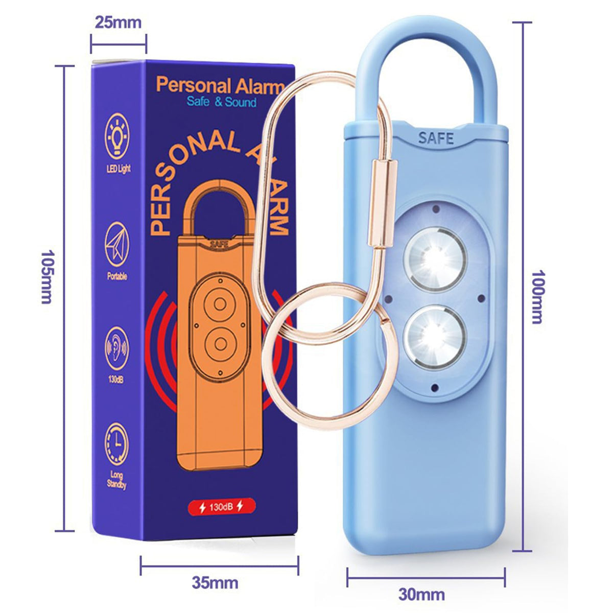 Halo-Siren Alarm, HaloSiren Personal Safety Alarm - Travel Safe Alarm with 130db Loud and LED Strobe Light, Safety Keychain Compatible with Bags, Keys, Backpacks (Purple)