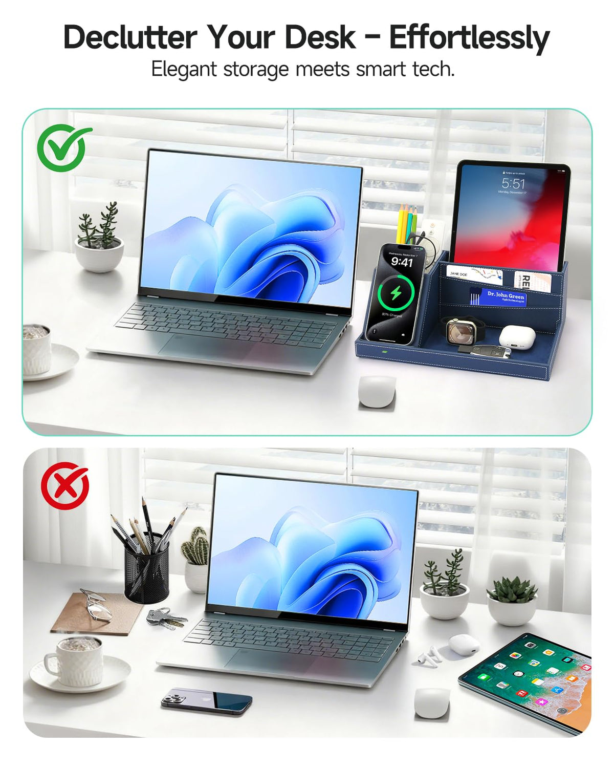 Desk Organizer with Charging Station, Nightstand Organizer Phone Docking Station, Men Gift Husband Wife Anniversary Dad Birthday Nightstand Purse Father Graduation Male Travel Idea Gadgets