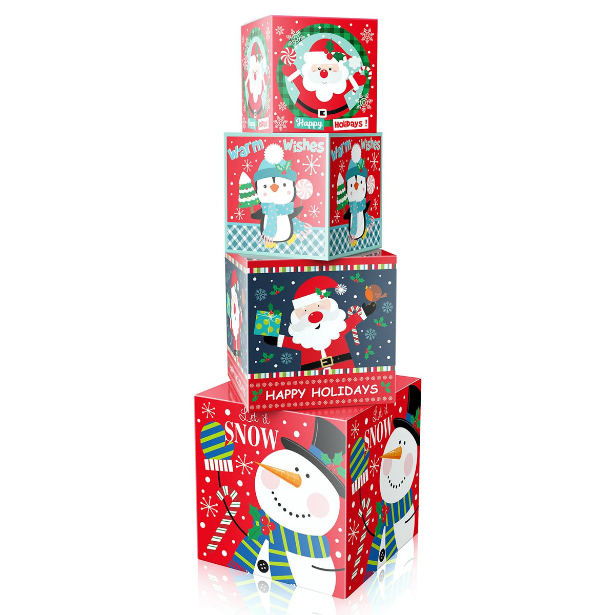 Linelglobal Christmas Gift Box with Lid - 4-Pack Stackable Square Decorative Box Set Assortment - Red