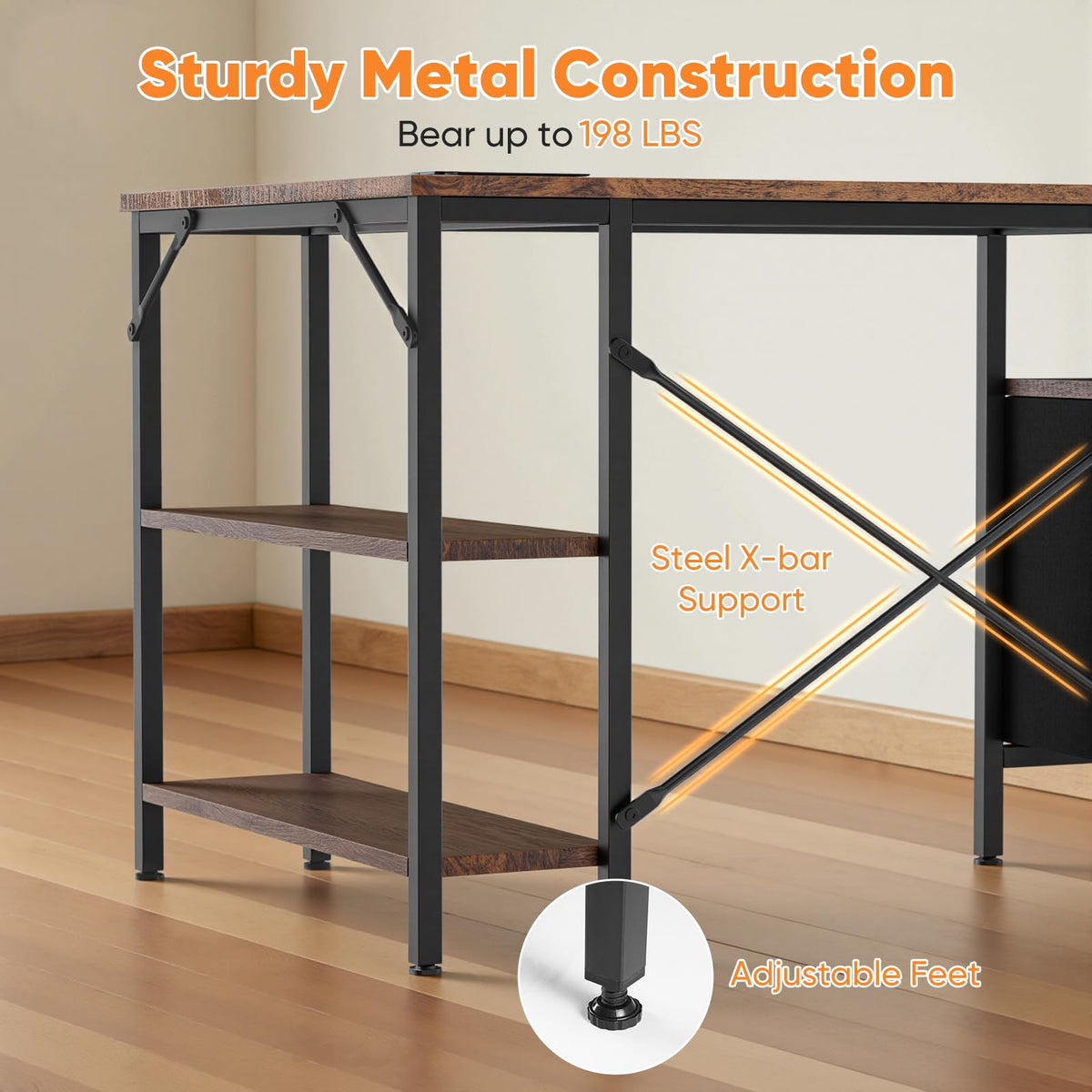 DUMOS L Shaped Desk with Shelf Drawers 47 Inch, Brown Corner Computer Desks Gaming with Power Outlet, Study Table with Adjustable Shelves, Home Office Tables for Bedroom Teacher Reading Writing