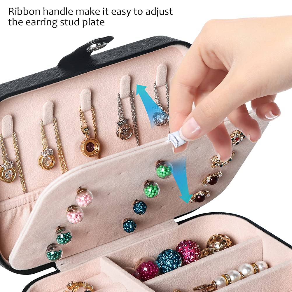 Hatori Travel Jewelry Box, PU Leather Small Jewelry Organizer for Women Girls, Portable Mini Travel Case Display Storage Holder Boxes for Stud Earrings, Rings, Necklaces, Bracelets (Black Beige)