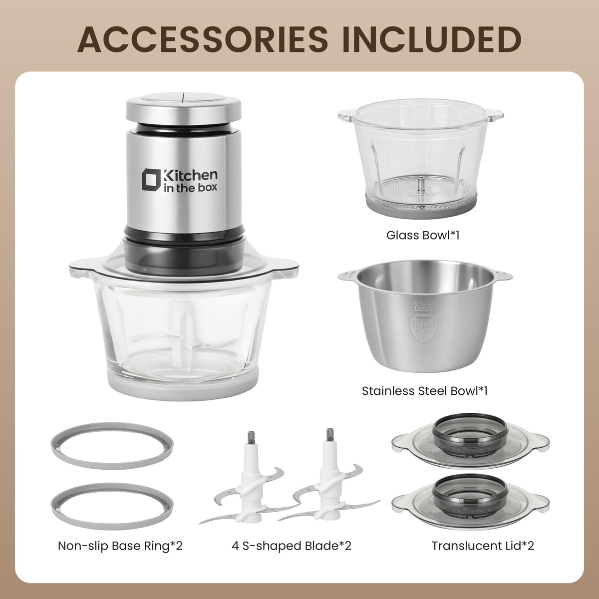 Kitchen in the box Food Processor, Electric Meat Grinder & Food Chopper with 400W Powerful Veggie Chopper-2 Bowls（8 Cup+8 Cup） & 2 Bi-Level Blades for Meat/Fish/Vegetable/Baby Food（Black Button）