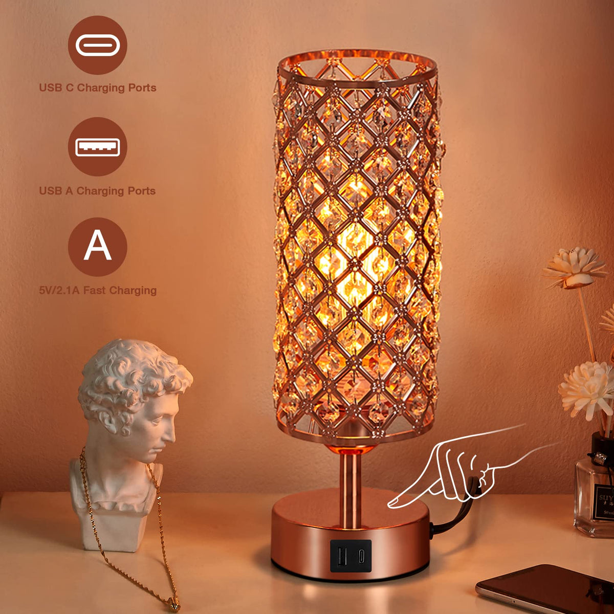 Hong-in Crystal Table Lamp - 3-Way Dimmable Touch Control, Rose Gold Bedside Lamp with USB C and A Ports, Nightstand Light for Living Room, Bedroom, Home Office (Bulb Included)