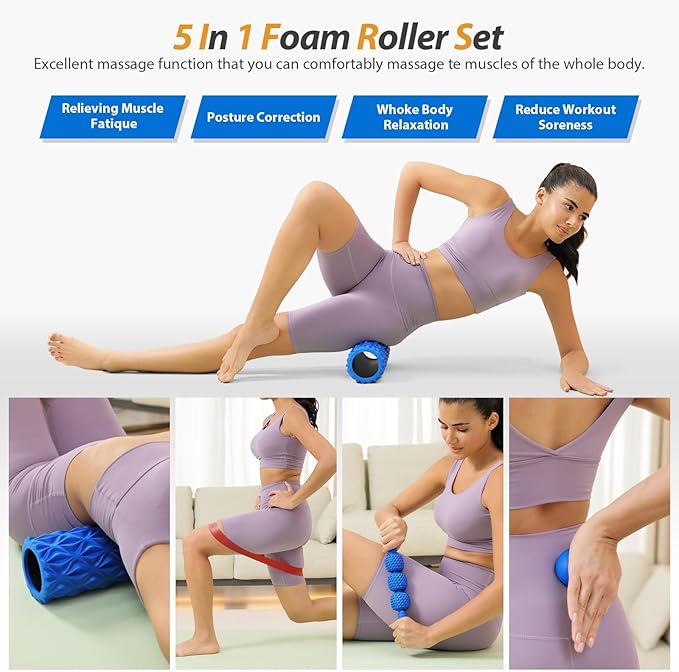 5 in1 Foam Roller Set, Trigger Point Foam Roller, Massage Roller Stick, Massage Ball, Resistance Band for Deep Muscle Massage Pilates Yoga,Fitness Exercise for Whole Body (Pure Blue)