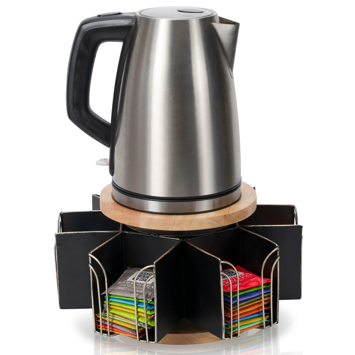Made Easy Kit Metal Carousel Tea Bag Organizer & Kettle Stand Caddy- Modern Countertop Storage Solution for Tea Bags - Convenience for Home, Office, Kitchen (Black)