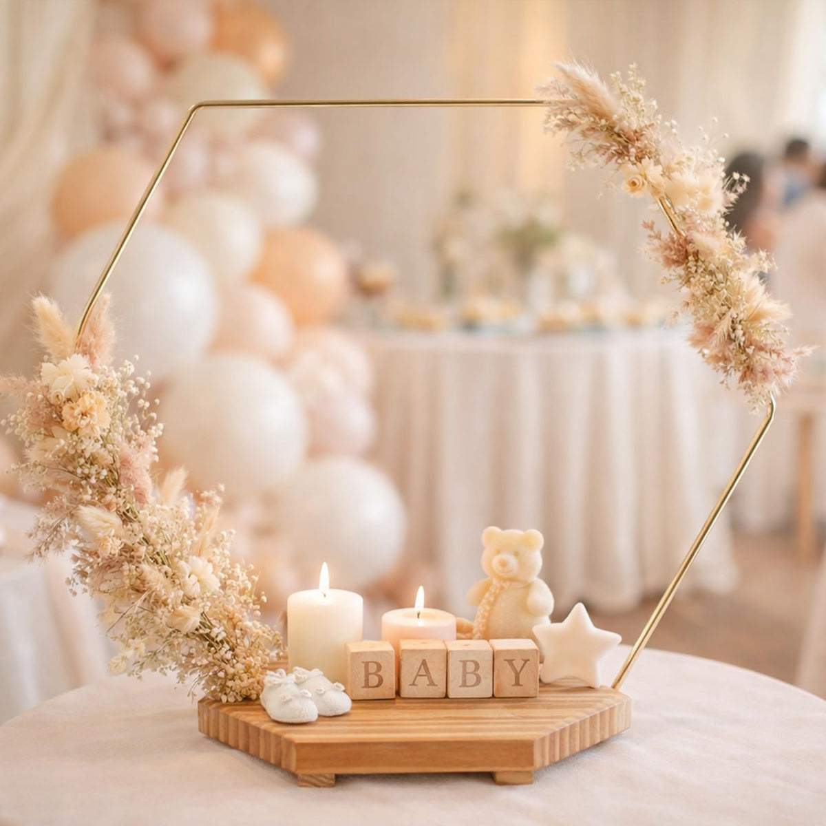 MJRASG 4 Pack Hexagon Floral Hoops with Wooden Stand, 12 Inch Metal Rings for Wedding Centerpiece Table Decorations Crafts Wreath Wedding Birthday Party Candle Rings, DIY Floral Displays