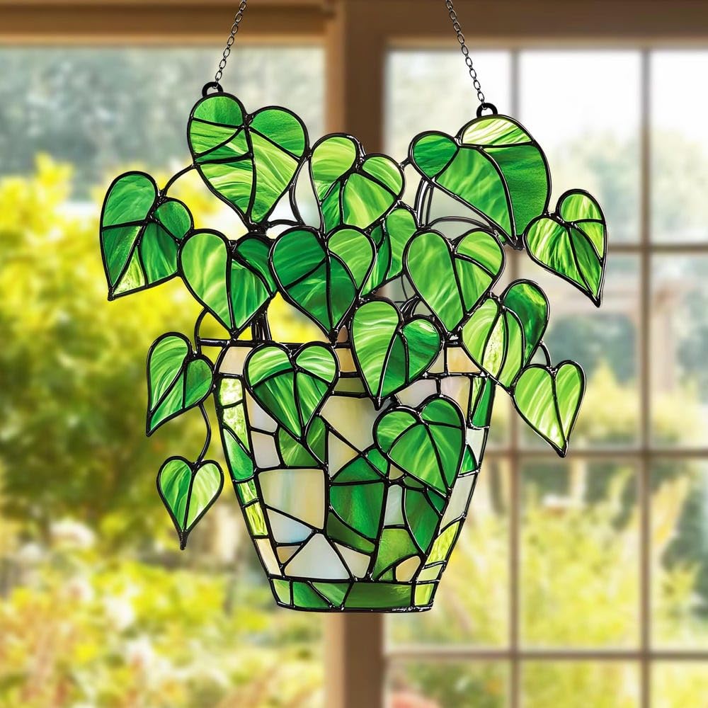 Pothos Monstera Pot Handmade Resin Suncatchers, Artisan Boho Sun Catcher Stained Glass Effect Window Hanging Garden Decor, Gift for Mother's Day Mom Grandma Wife Women