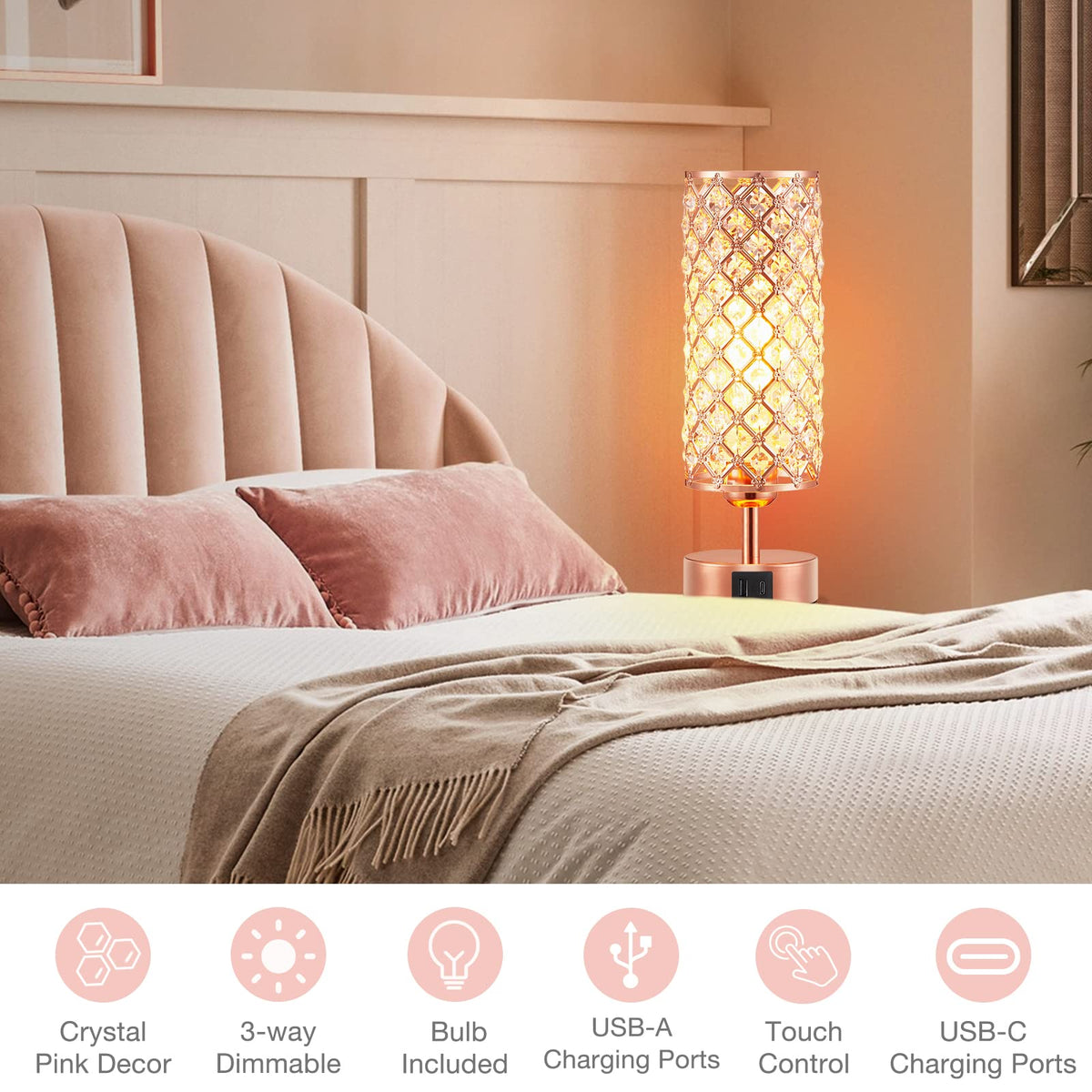 Hong-in Crystal Table Lamp - 3-Way Dimmable Touch Control, Rose Gold Bedside Lamp with USB C and A Ports, Nightstand Light for Living Room, Bedroom, Home Office (Bulb Included)