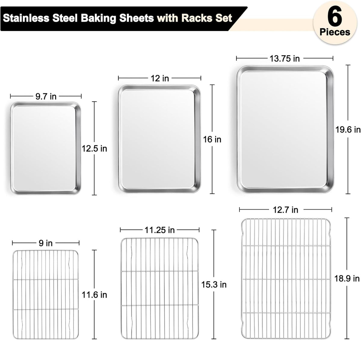 TeamFar Baking Sheet Set - 3 Stainless Steel Cookie Sheets with Racks | Non-Toxic, Heavy Duty, Dishwasher Safe, 19.6/16/12.5 Inch