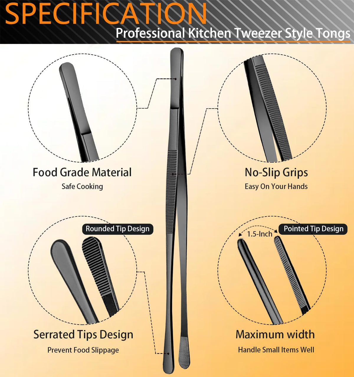 JETKONG 6 Pcs Cooking Tweezer Tongs, 12'' and 6.3" Stainless Steel Kitchen Tweezer Set, Professional Chef Tweezers for Cooking, Repairing, Sea Food, BBQ, Multi-use (Black)