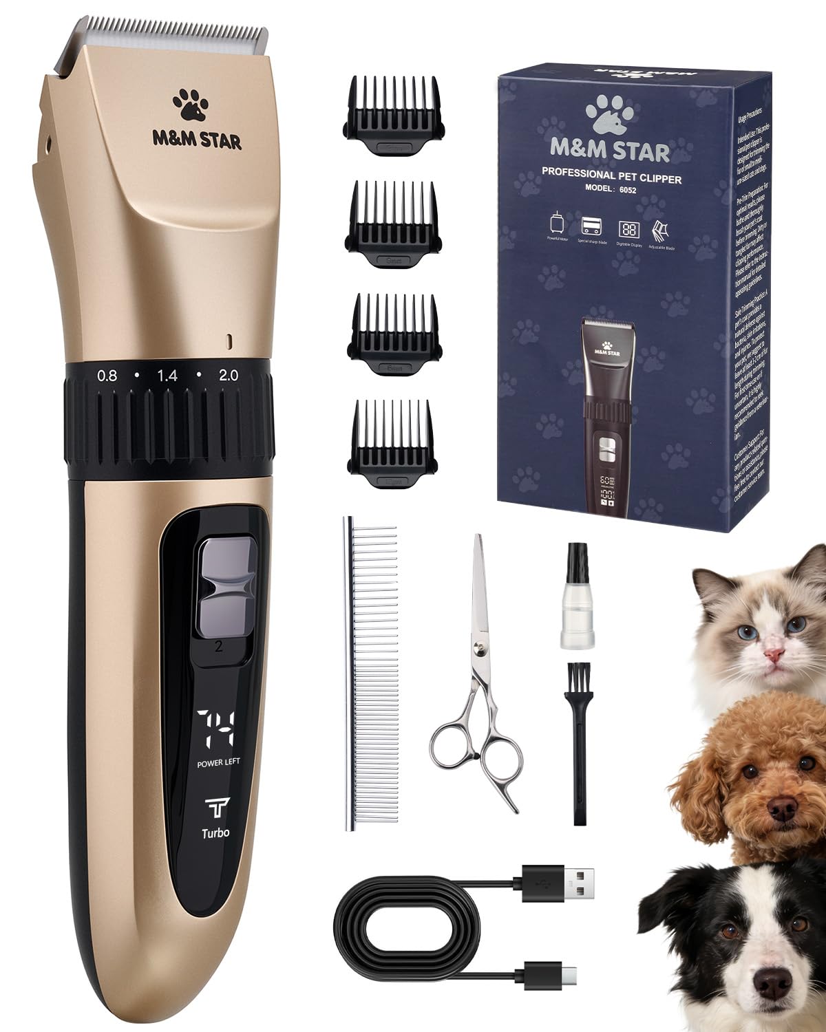 M&M STAR Dog Grooming Kit, Low Noise Dog Clippers, 2-Speed IPX7 Waterproof, Rechargeable Cordless Pet Hair Clippers Trimmer Shaver with LED Display for Small Large Dogs Cats, Gold