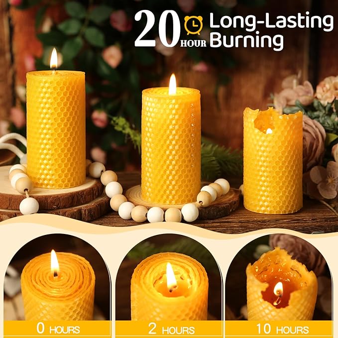 12 Pack Honeycomb Beeswax Candles,240 Hours Long Burning Natural Handmade Beeswax Rolled Pillar Candles, Bees Wax Candles for Home, Prayer,Dripless Smokeless Unscented Pillar Candle 2x4in