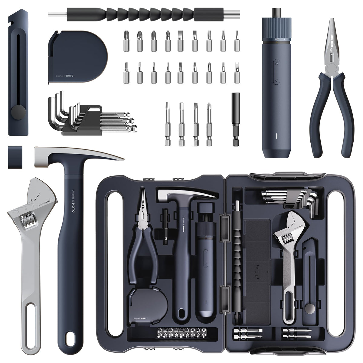 HOTO 40-Piece Tool Kit, Household Essentials Tool Set w/Smart Electric Screwdriver (LED, 3 Torque) + 14 Tools & 26 Accessories | Pro-Grade Compact Organizer for Home, Dorm Repairs, DIY