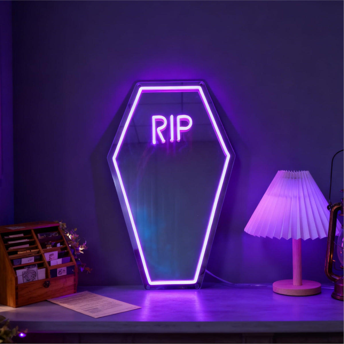 Coffin Shape RIP Neon Sign, USB Powered Dimmable Decorative Neon Light for Haunted House Gothic Spooky Theme Wall Table Decor Horror Party Gifts 19.9 x 12.2 In