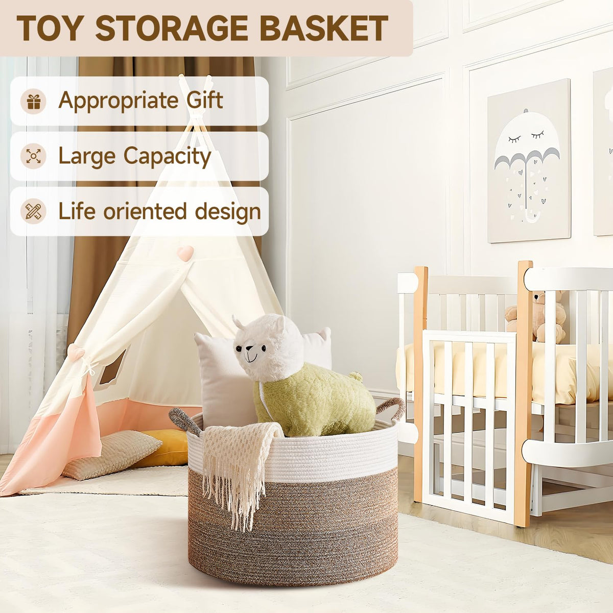 CLHMILY&Z Round Cotton Rope Storage Basket - 22x14.2 Inches - Stylish Nursery Storage Bin, Baby Toy Organizer, Soft Cotton Basket for Home Decor, Multi-Purpose Storage Solution