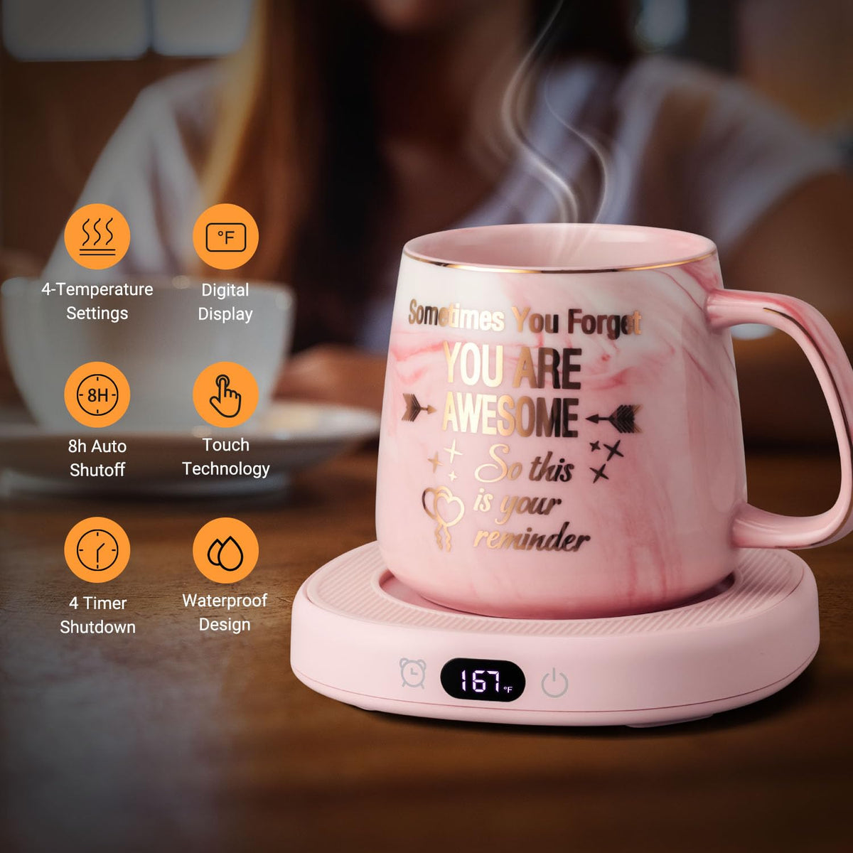 Coffee Mug Warmer & You are Awesome Mug Set, Electric Cup Warmer for Desk, Beverage Warmer with 4 Temperature Setting, 8-Hours Auto Shut Off